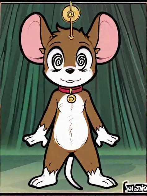 Standing on both legs, humanoid mouse,Two-headed body,Round ears,black eyes, short tail ,Naked,fur,three toes ,brown body,white boobs,White belly,white hands and feet,indoor,Dark,Collar,,Hypnosis,Hypnosis术,Circle Eyes,2D, best quality ,masterpiece,8k,male.