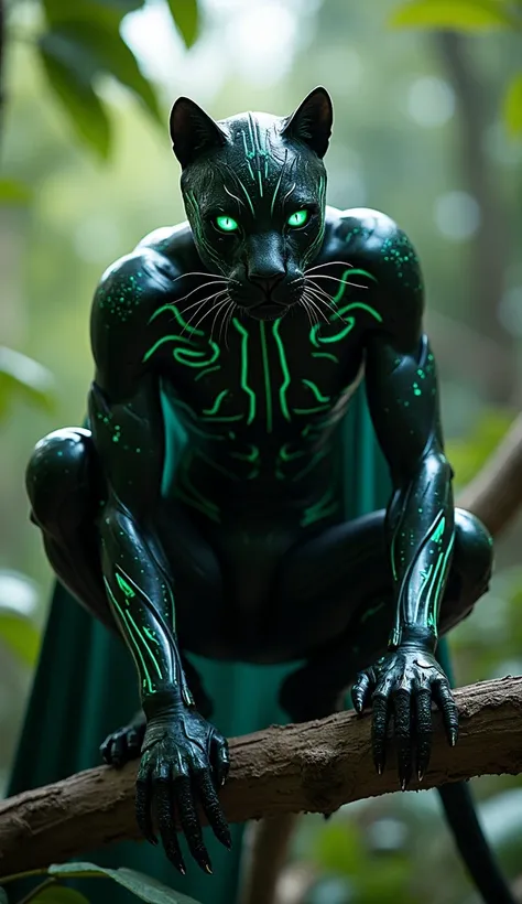 A hyper-realistic, cinematic 8K, A hybrid being combining the elegance of a black panther and the strength of a futuristic hero. The figure has a humanoid build, covered in sleek, obsidian-black armor with glowing green and blue streaks mimicking panther-l...