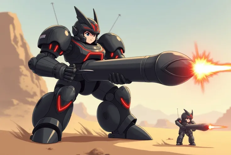 Japanese anime official art style,4K. A small girl wearing a robot suit inspired by a massive black missile is the focus of the scene, firing a missile in a desert training ground. The suit features a metallic black design with glowing red lines embedded i...