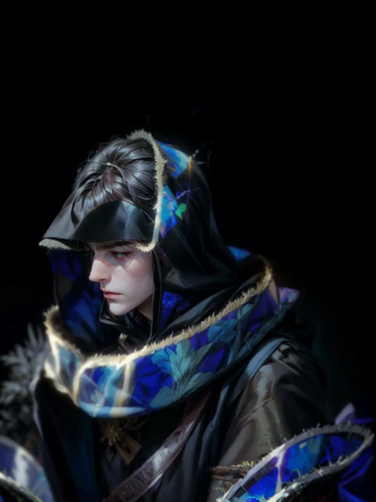 (absurdres, highres, ultra detailed, HDR), masterpiece, hidden face, partial face showing, intricate details, extremely detailed character profile, best quality close-up picture, fire emblem character, rpg, dark sorcerer outfit, face hiding in the robe sho...