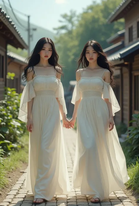 (photorealism:1.2) (best quality) Japanese, two twin girls with busty tits and big boobs, G cup boobs, is wearing white dress round a village