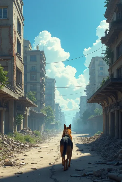 an abandoned city,  with destroyed buildings and streets , a clear blue sky ,  with a German shepherd walking the streets 