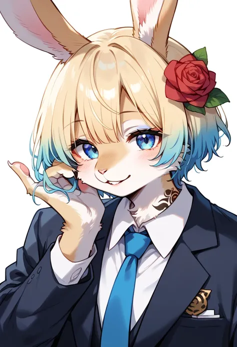 score_9, score_8_up, score_7_up, score_6_up, score_5_up, score_4_up, source_anime, best quality, amazing quality, very aesthetic, absurdres, 1girl, (furry, kemono:1.3), rabbit, rabbit girl, rabbit ears, blonde hair, blue hair, multicolored hair, gradient h...