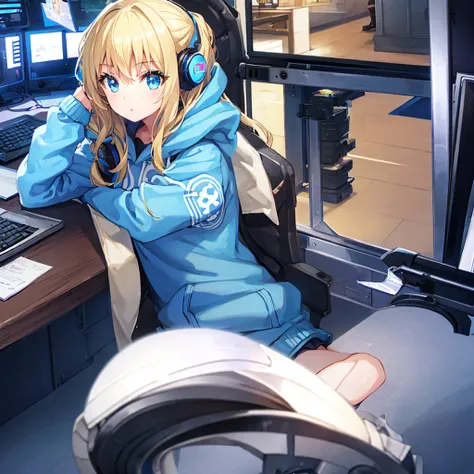 1girl, long hair, blonde hair, light blue eyes, hoodie, headphones, desk, sitting on a gaming chair, PC, dark room