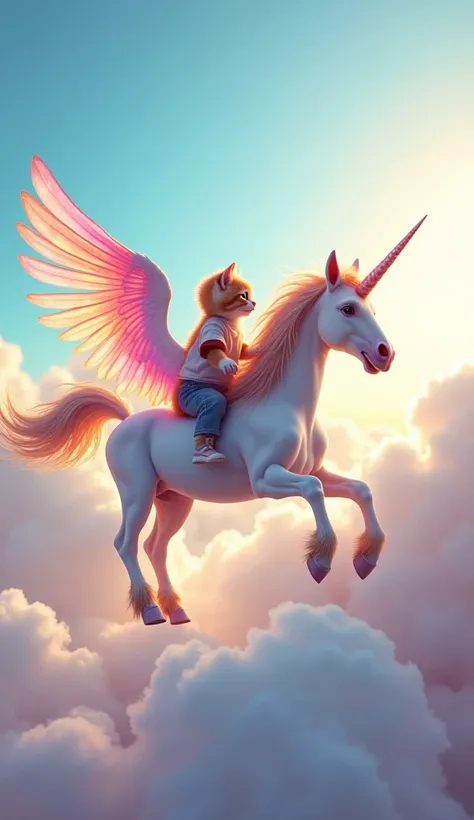 

"A magical scene where a unicorn with colorful, shimmering wings is flying gracefully above the clouds. On its back sits a playful kitten, wearing a casual pant and shirt, gazing out at the vast, beautiful sky. The unicorn soars through the soft, fluffy ...