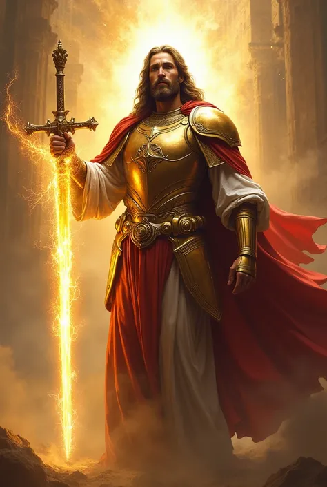 The greater the glory of the power of the mind,  with armor , the divine , depict Jesus Christ with armour ,  degree weapon with a ray of light.