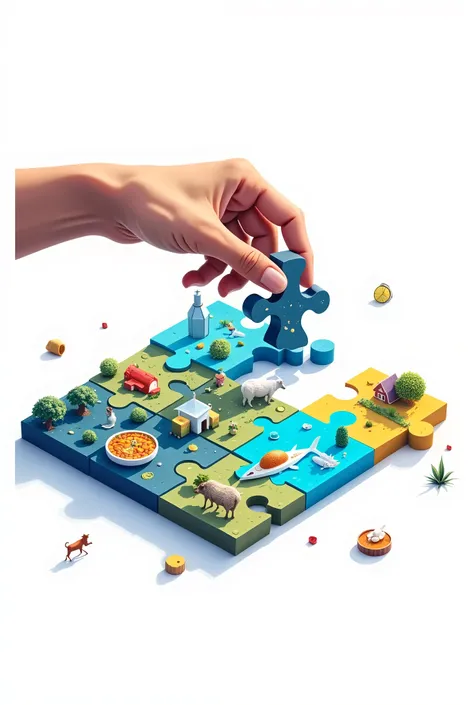 (11 piece of jigsaw puzzle with business theme about livestock, fisheries and plantations image inside it neatly arranged fit to each other, one of the puzzle got scrambled, isometric), white background, vector style, vibrant color of light blue - dark blu...