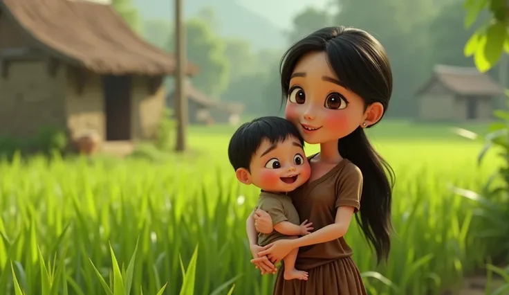 A scene of an ancient Vietnamese village surrounded by green rice fields. A mother in worn brown clothing is lovingly holding a baby in her arms. The baby has a radiant face, bright round eyes, rosy lips, and silky black hair. The baby exudes a gentle aura...