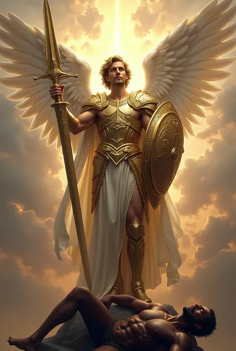  Detailed representation of the Archangel Michael in a classic religious style.  He is dressed in gold and silver armor ,  symbolizing his position as leader of the heavenly armies . In one hand, holds a shining sword raised ,  representing justice and div...