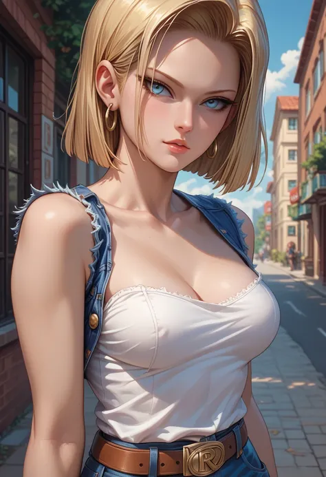 (masterpiece, best quality), 1girl, beautiful face, beautiful body, android18, earrings, denim, belt