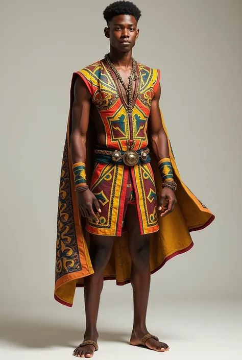 HANDSOME Guyana TEEN Male. Guyana dashiki traditional clothing inspired HEROIC outfit(THINK OUTSIDE THE BOX). COVER FULL BODY. REALISTIC. HEROIC OUTFIT. 