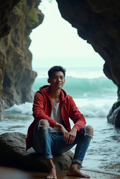 (photorealism:1.2), a skinny Indonesian man handsome face smiling thin T-shirt red jacket blue jeans jeans torn knee shoes sitting on a rock in a seaside cave looking at beautiful natural waves.Reality.Visual Effects. ultra HD high resolution clear image ....