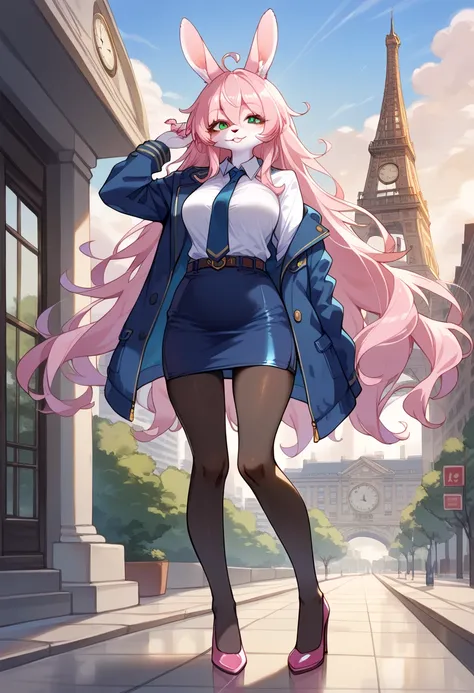 score_9, score_8_up, score_7_up, score_6_up, score_5_up, score_4_up, source_anime, best quality, amazing quality, very aesthetic, absurdres, 1girl, (furry, kemono:1.3), rabbit, rabbit girl, rabbit ears, pink hair, long hair, hand on own hip, breasts, green...