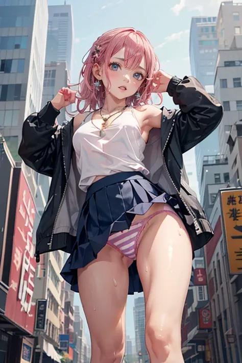  high resolution full color image,  atmospheric perspective , 8k,  super detailed, Accurate,   best quality ,  angle from below, woman, ((  real skin)), Pink Hair、 long hair、Droopy eyes, , sleepy,  small eyes , ((( sexy pose in the city ))),  small earring...