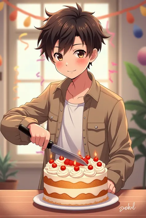 A anime boy cut a cake have name sahil