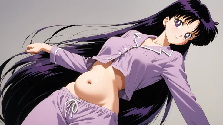 aamars, very long hair, black hair, parted bangs, purple eyes, 1990s (style), 1 girl, solo, Best quality, masterpiece, High Definition, Bright Purple Pajamas, Midriff, Belly Button, Pink Underwear, Outie Belly Button, Smile 