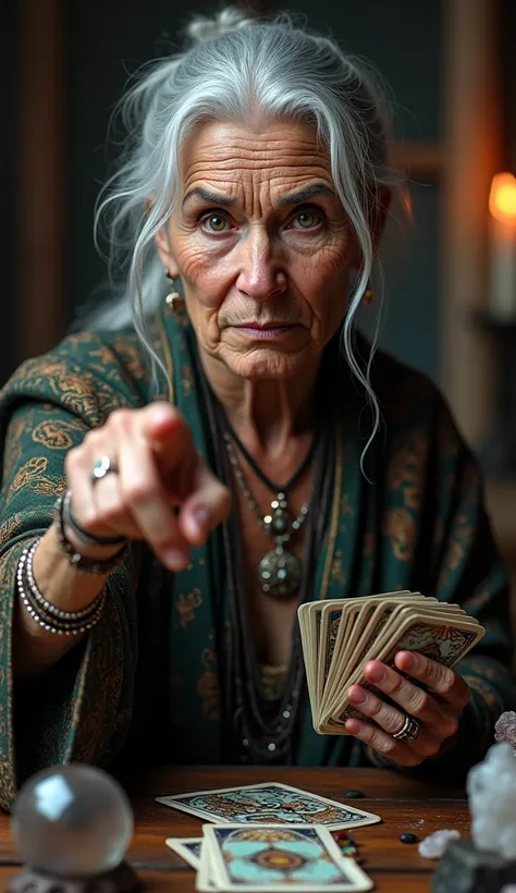 A highly realistic and detailed vertical image of an elderly fortune teller in the foreground. She has an aura of mystery and wisdom, with wrinkled skin, piercing eyes, and a serious expression. Her hair is silver and tied back loosely, with a few strands ...