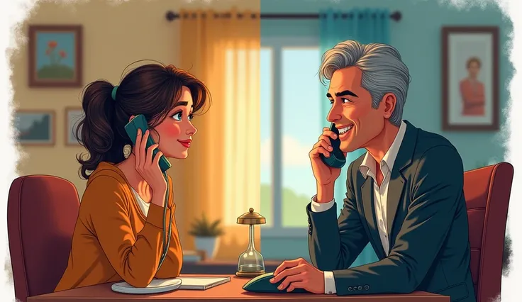  A divided scene between Carina at home , with the phone to the ear, And handsome gray-haired João in his office,  answering the call with a confident smile .  Carina has an expression of expectation . Drawing Format