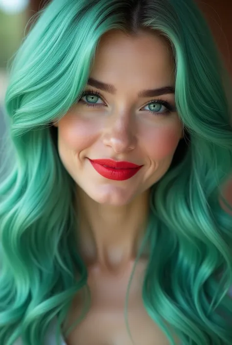 Long silky mint green hair with emerald green eyes with red lipstick with perfect smile