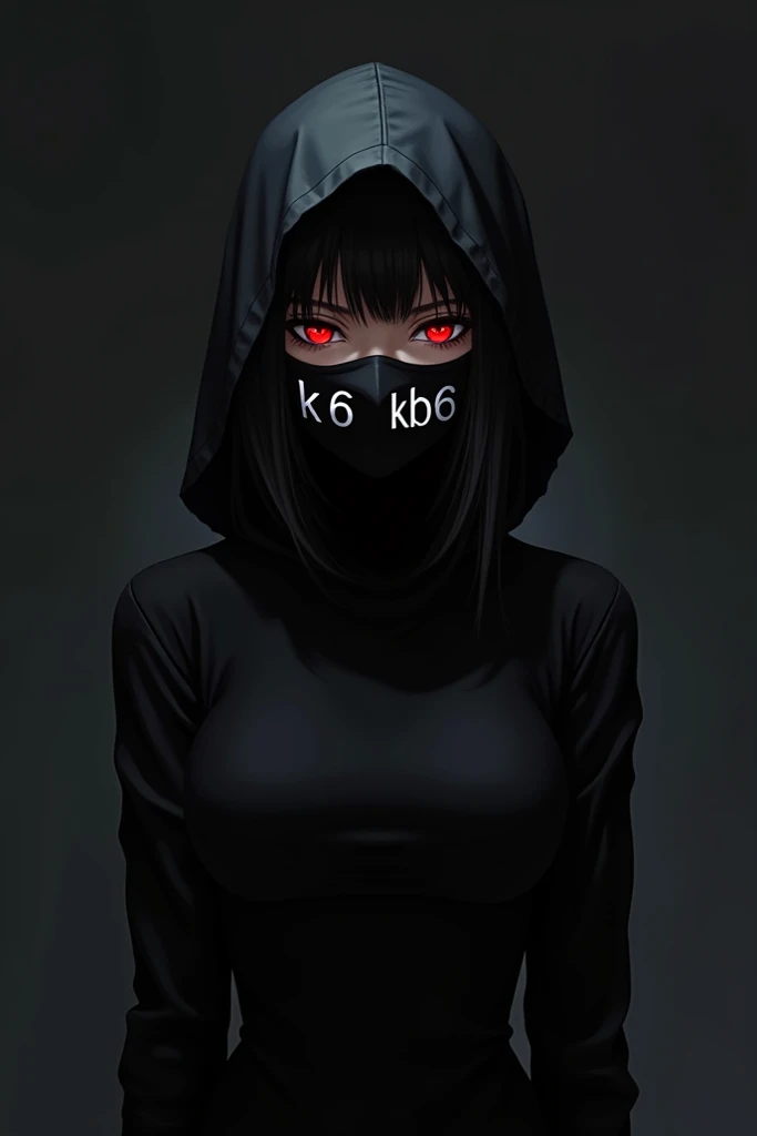  Create me an anime character dressed with her body all black ,  on the mask she has black hair and crimson red eyes , And she wears a mask over her mouth .  The mask has the highlighted letters  "KSB6 " 