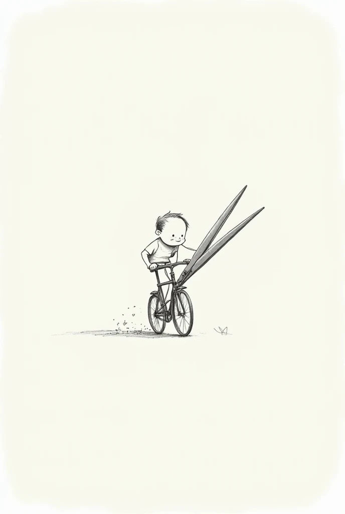 A minimalist artwork combining real materials and pencil sketches. The artwork features a real scissor creatively integrated as the bicycle but still remain in perfect scissor shape; ridden by a sketched cartoon character. The character is drawn with jitte...