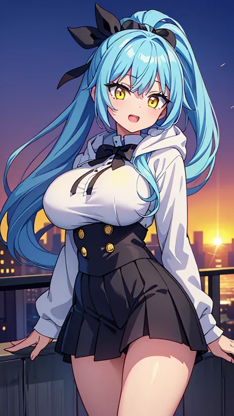 20 year old woman, cute woman, full body, ((White hoodie, black pleated skirt, Black Boots)), (two breasts, big breasts: 1.5), (side ponytail: 1.5, light blue hair, big black ribbon with hair), (yellow eyes, mascara, beautiful detailed eyes: 1.5), ahoge, p...