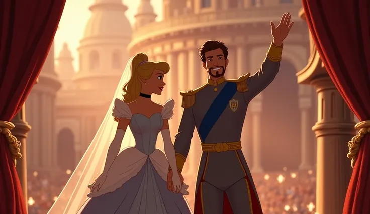 They married, and Cinderellas kindness and courage brought joy to the entire kingdom.**  
    *Cinderella and the Prince wave from a grand balcony to cheering crowds, their faces radiant with happiness
