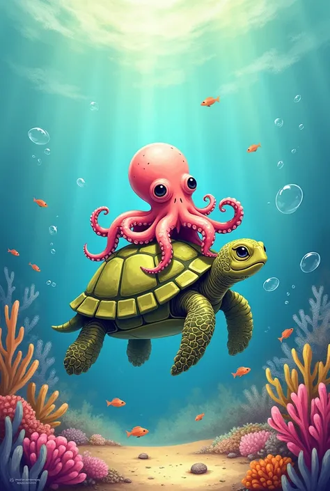 A drawing of a turtle and an octopus on top 