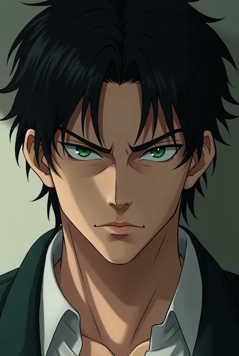 Man with black hair and perfect nose ,  emerald green eyes manly face and firm expression of indifference ( anime style)