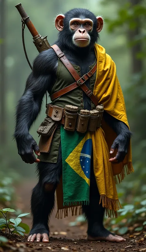  create a super strong Brazilian war soldier mix of man and monkey , Body age down man and up mainly monkey head ,  and place various weapons on your body and Brazilian clothing with a symbol of Brazil