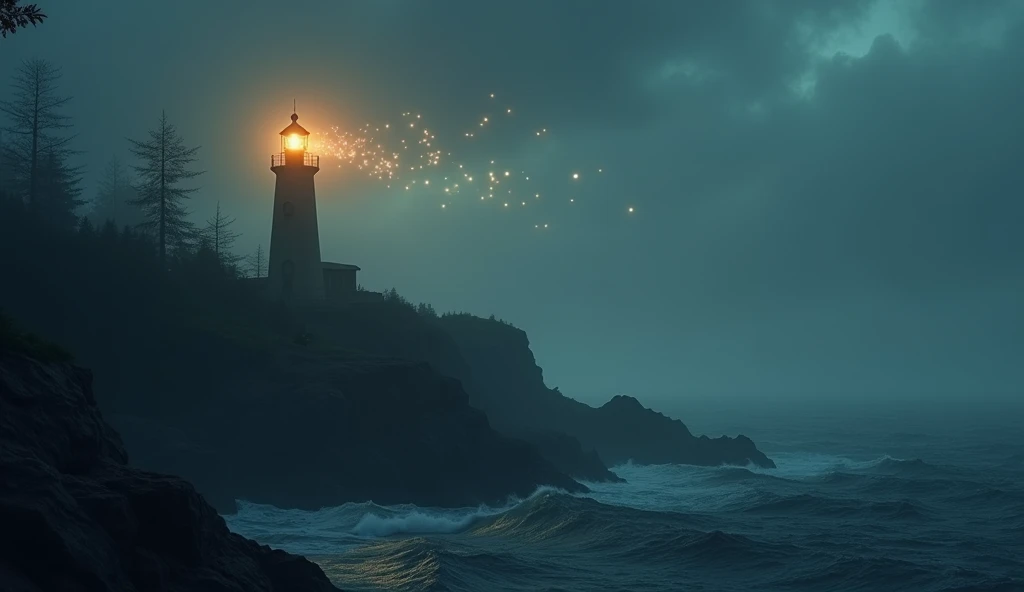 lighthouse at night with some firefly and fog