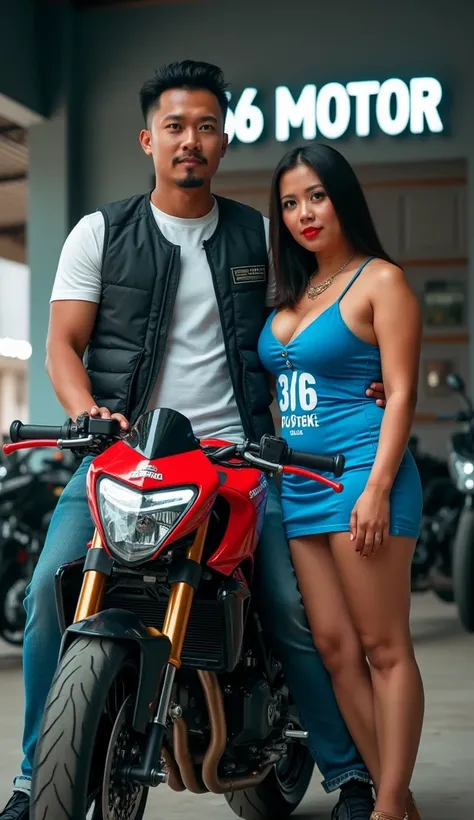 Photography. 1 Thai man wearing a white t-shirt, black protective vest, jeans, sitting on a red and black ducati motorbike, next to him stands 1 slightly plump Indonesian woman, red lips, wearing a blue mini dress with the words "366". The background is a ...