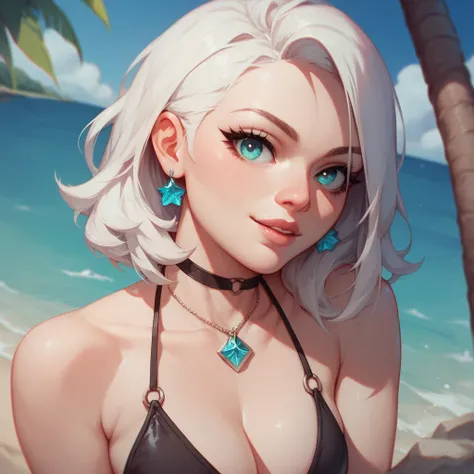  A cute anime girl wearing a sexy bikini by the beach, with long white hair and turquoise eyes.bright photos do not darken the face