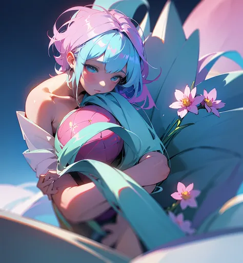 masterpiece, very detailed, super high quality, 32K, Little cute flower spirit sitting on a flower, (pure skin), solo,  concept art, fantasy art, matte in the style of alena aenami, by yanjun cheng, highly detailed, defined features, seating position, hype...