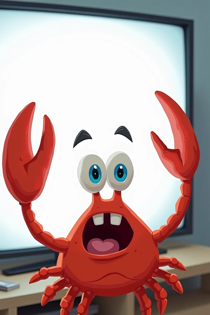 Mr. Crabs from the cartoon spongebob shows 
 with your finger at the TV, which is just a white screen 