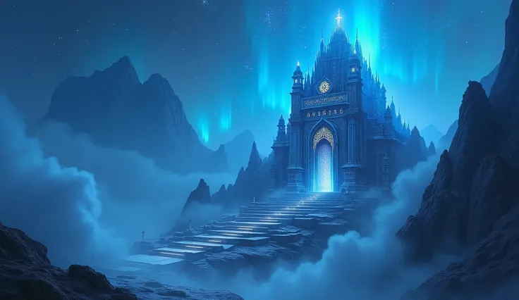  A majestic ancient temple shining with mystical blue light ,  Its on top of a mountain surrounded by swirling fog .  The temple is exquisitely carved with magical runes 、Large, A towering gate . Background,  The sky is filled with stars and faint auroras ...