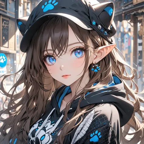 A beautiful woman with long, long flowing brown hair and striking blue eyes, Black cap with ears and paw print on, Black hoodie, White skirt, Fishnet stockings