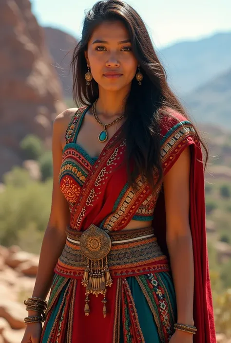 BEAUTIFUL Peruvian TEEN Female. Peruvian Jobona traditional clothing inspired HEROIC outfit(THINK OUTSIDE THE BOX). COVER FULL BODY. REALISTIC. HEROIC OUTFIT. 