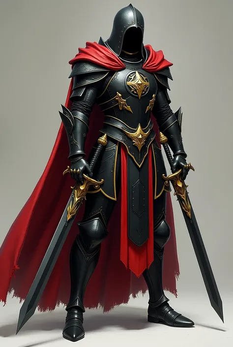 appearance:
 Darius wears black armor adorned with gold details ,  designed to intimidate and show his status .  His torn red cape symbolizes his former affiliation with the Eternal Lions. He carries a massive double sword ,  with black blades decorated wi...