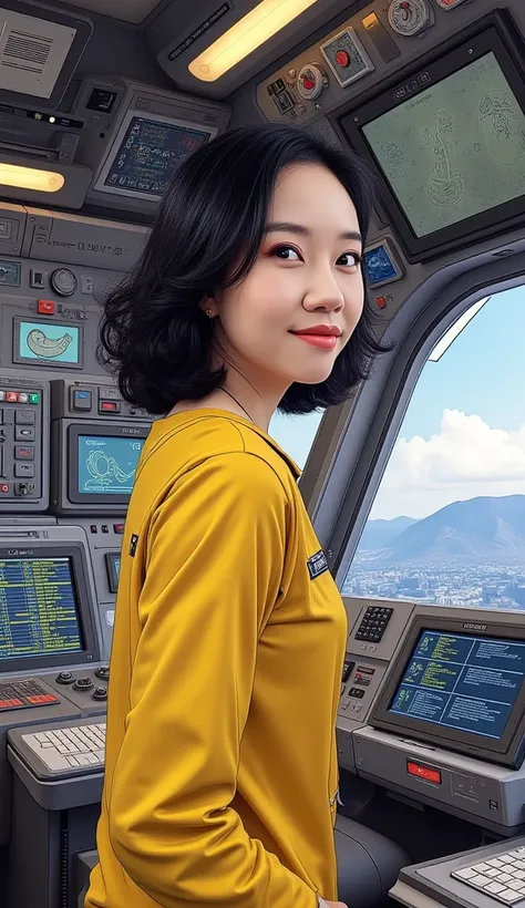 steampunk exterior of a spaceship. Through the windows you can see the landscape of an alien planet, the entire space is full of work consoles with electronic devices and screens, full-HD, Korea girl with short dark hair, illustration style, 8k, high detai...