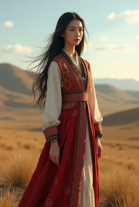 A girl with long hair is standing in Kazakh clothes

