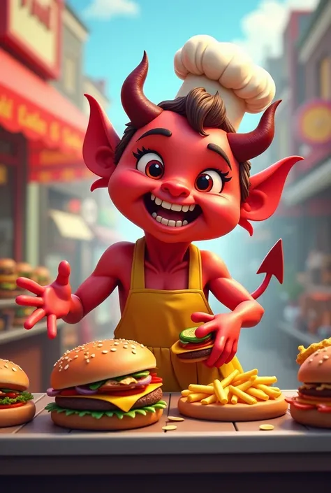 Cuddly animated devil selling hamburgers