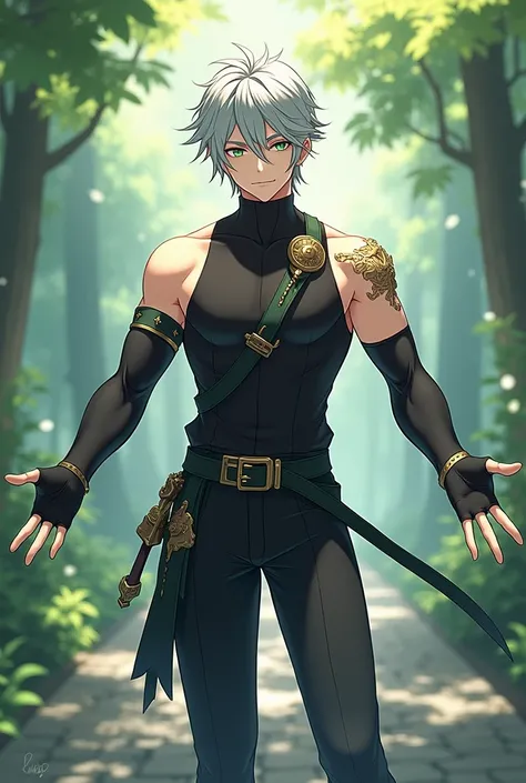 masterpiece,  better quality,alhaysam(genshin impact),  1 boy ,  male focus ,  shirt , One, gloves, sleeveless  shirt ,  grey hair,  green eyes , sleeveless, ahoge, black  shirt , bang,  hair in one eye , black gloves,  in the room , sanctuary, fingerless ...