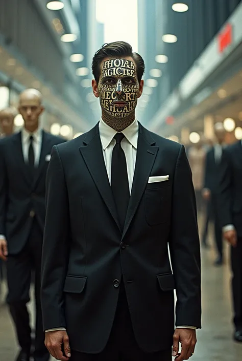 "An artistic depiction of the dissolution of identity in brands, inspired by American Psycho by Bret Easton Ellis. Set in the 1980s, the image features a high-powered corporate man with a hollow, expressionless face, his identity obscured by overlapping lu...