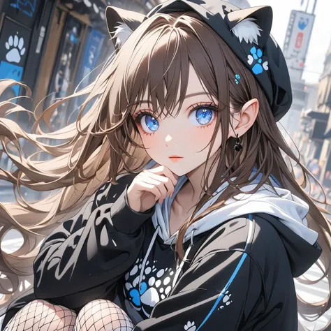 A beautiful woman with long, long flowing brown hair and striking blue eyes, Black cap with ears and white paw print on, Black hoodie, White skirt, Fishnet stockings