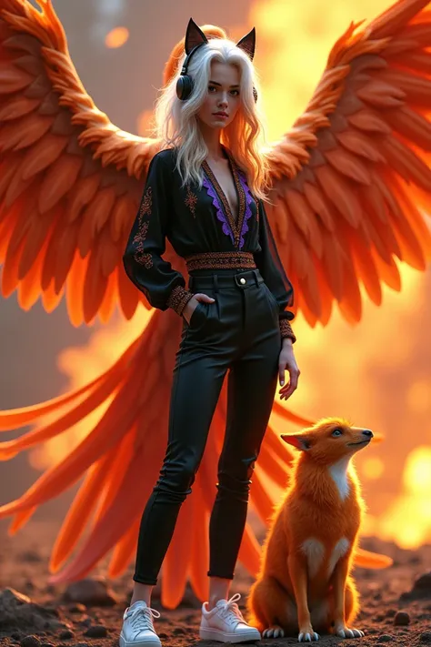 female character, white hair with orange streak. Pet phoenix. Black blouse with lilac detail, black pants, white sneakers. Cat Ear Headphones. fire background. 16:9.