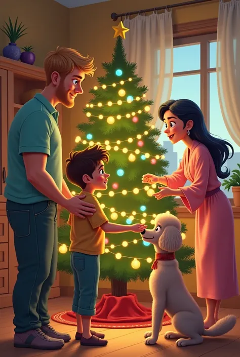  a   ,( short hair  , rubio  , with blue eyes )  ( He is dark-haired , calvo , Athletic Top  )   is putting up a Christmas tree at home  ,   dad teaches his son what to do and how to do it  . Everything is ready ,  turn on the garland and show mom  (skinny...