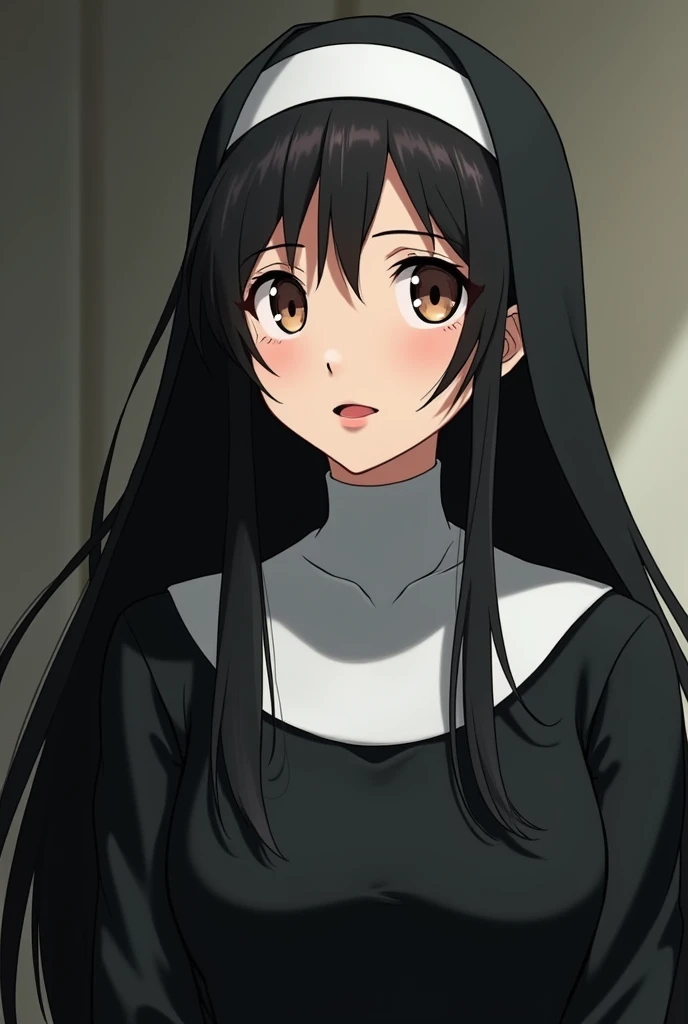  40-year-old women ,Very big face , high resolution model , Long hair, Black hair, smile,  wearing thin little nun outfits, big cock sucking habits ,Out of bounds, Silhouette, Anime, สไตล์Anime, 