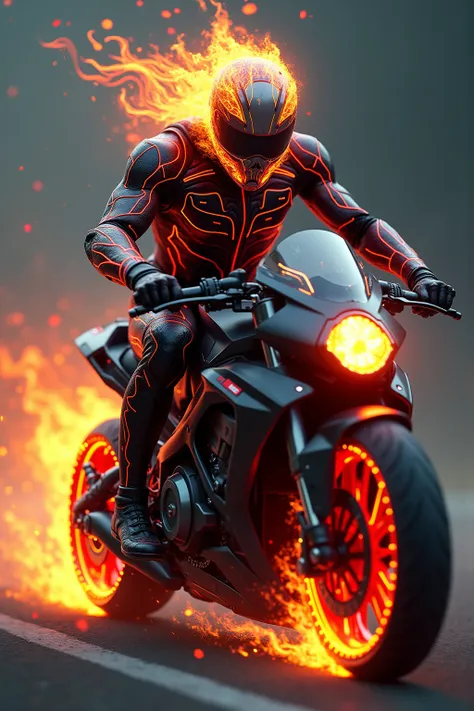  Imagine a creature that defies the laws of nature ,  an explosive fusion between the Ghost Rider and the racing world .  The base is the body of a motorcycle rider , muscular and agile,  with strong and determined facial features .  But the skin is not hu...