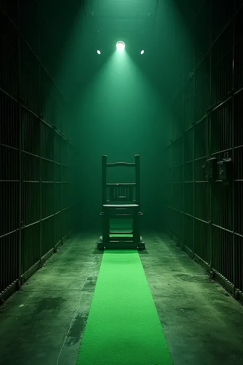 Theater stage of the play Green Mile, a green path in the middle with bars on the sides and an electric chair at the end